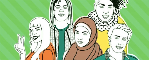 Detalj ur bokomslaget till Prata politik. Illustrationen föreställer 5 ungdomar av olika kön och bakgrund.