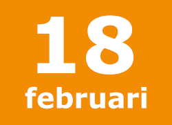 Texten 18 februari i vitt p� orange botten.